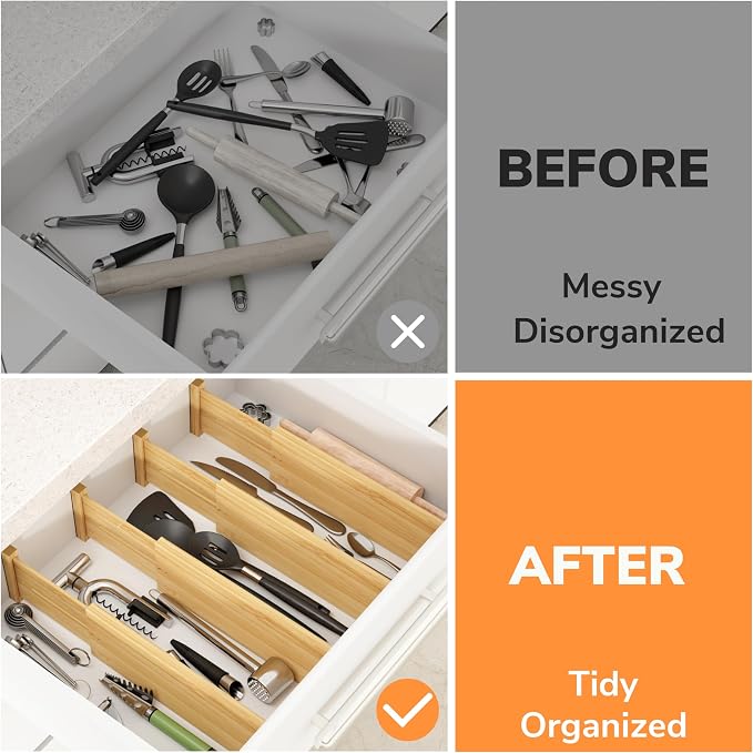 BAMEOS Bamboo Expandable Drawer Dividers – Fits 12.2"–17" Drawers, 4" Extra Deep Walls, Set of 4 | Tall Spring-Loaded Separator for Baby Dresser, Sock Drawer & Bathroom Cabinet - Image 5