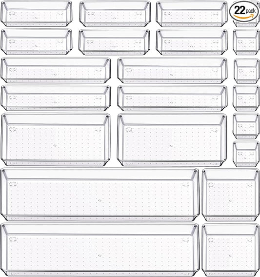22 Pcs Drawer Organizer Bins, Acrylic Non Slip Kitchen Drawer Organizers Storage Tray Divider, Multifunctional Storage for Cosmetics, Bathroom, Tools, Kitchen and Office by Criusia