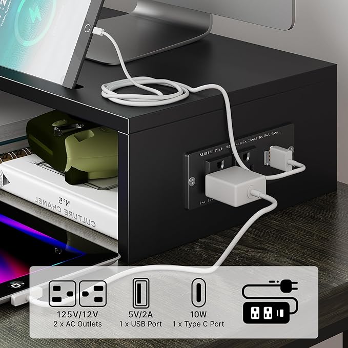 Dual Monitor Stand with USB Ports Wood Monitor Stand Riser with Drawer | Adjustable Desk Shelf,Desk Organizer for Computer,Laptop,Study&Office,No Assembly Required,Black - Image 4