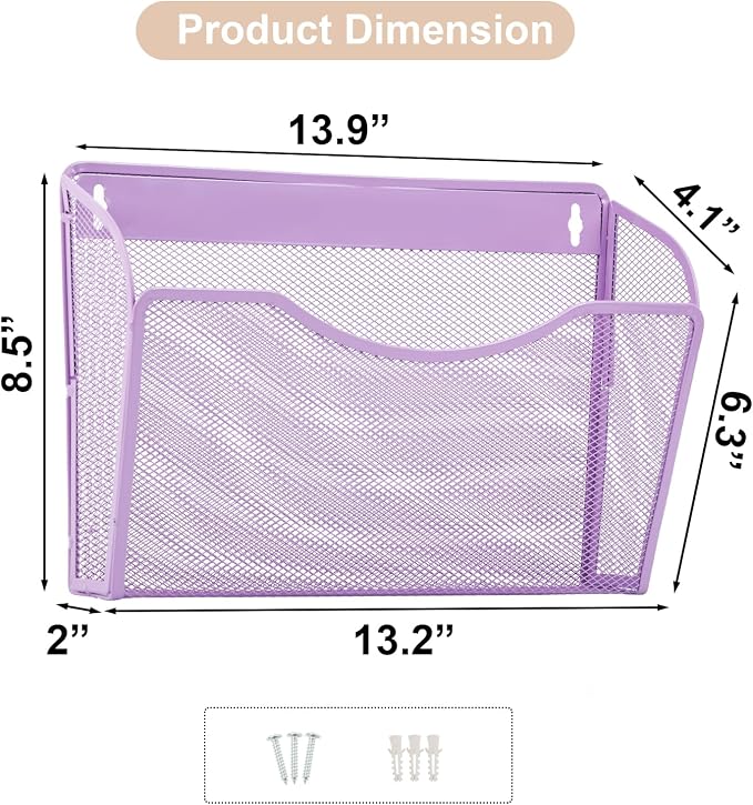3 Single Pocket Mesh Hanging File Organizer, Vertical Wall Mounted Magazine File Holder, Mount Basket Mail Paper Document Folder Organizing for Office, Home and School, Light Purple - Image 5