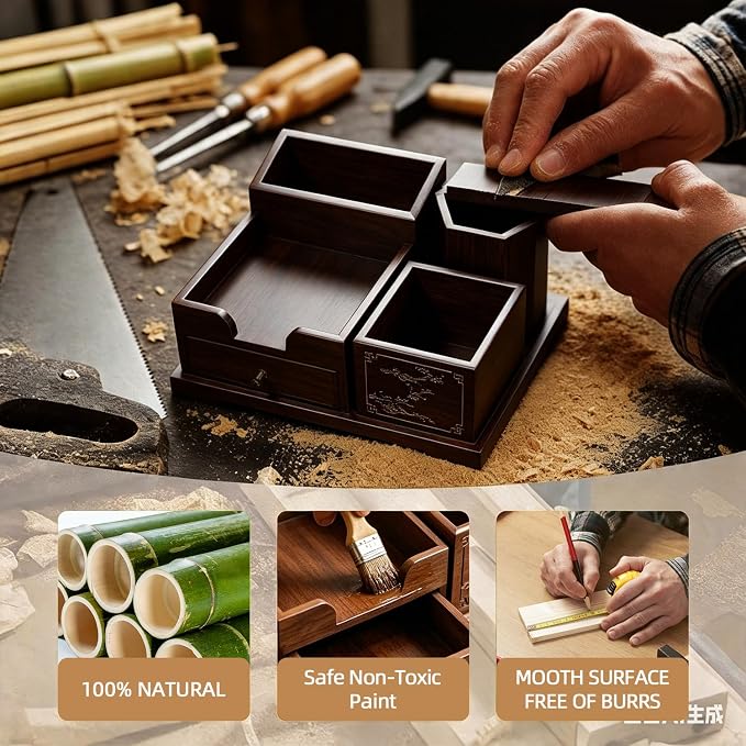 Bamboo Desk Organizer with Drawer, Wood Pen Holder & Card Slot, Brown | Desktop Storage Caddy, Office & Home | Natural Solid Bamboo, No Assembly, Non-Slip Base | Multi-Compartment, Ready to Use - Image 6