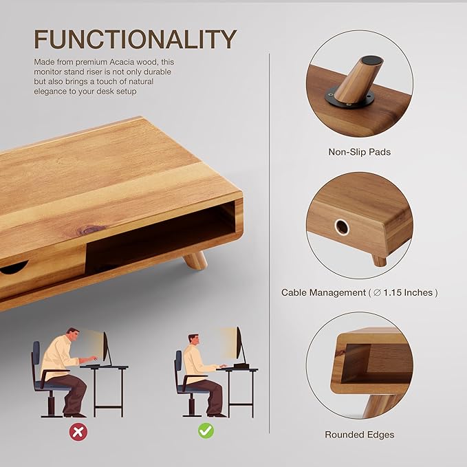 Tinamo Acacia Monitor Stand with Drawer, Multi-Purpose Storage (Patented) | Acacia Wood, Fits Monitors up to 32", Built-in Drawer, Hidden Storage, Non-slip, Round Edge, Ergonomic Height, Easy Assembly - Image 5