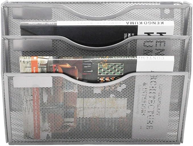 3 Pocket Mesh Hanging Wall File Organizer, Wall Mounted Mail Paper Document Folder Holder, Clipboard Storage Organization Magazine Rack with Nametag Label for Office Home School, Silver - Image 7