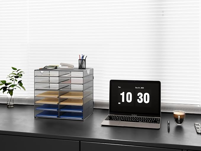 EasyPAG Paper Trays for Classroom 14 Tier Mesh Desk Organizer Shelves with Handle A4/Letter Size File Folder Organizer Shelf for Office, School, Home, Silver - Image 5
