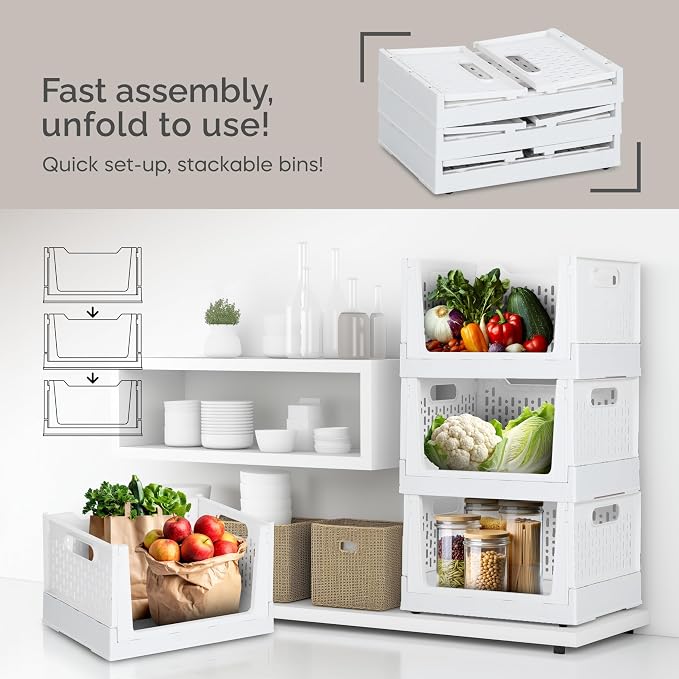 Skywin Foldable Stackable Storage Bins with Wheels, 3 Pack - Ivory | Sturdy Plastic, Easy Stacking, Open Front Access,Shelves Drawer Organizer for Closet Office Bedroom Kitchen Bathroom - Image 3