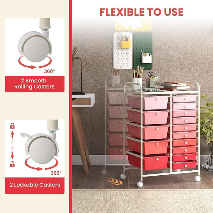 GOFLAME 15-Drawer Rolling Storage Cart, Craft Storage Cart with Removable Drawers & Lockable Wheels, Art Cart Supply Storage Organizer for Home Office Classroom, Pink Gradient - Image 5