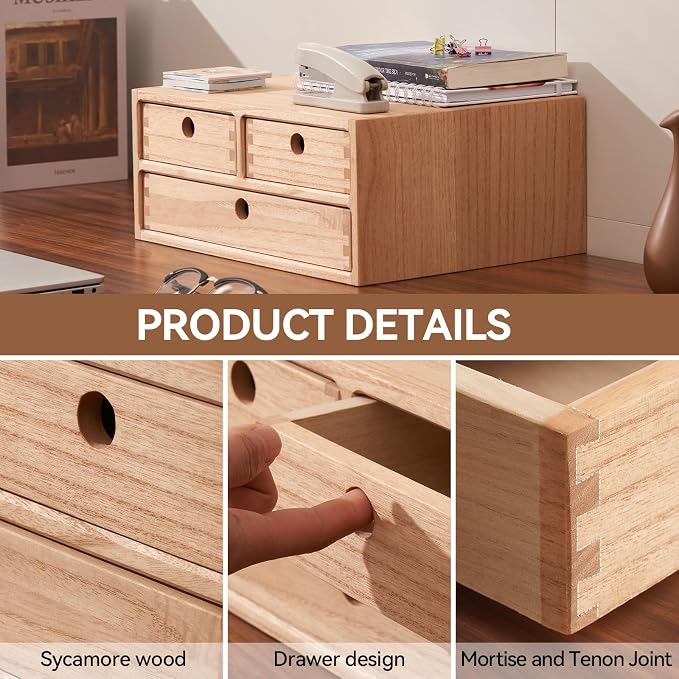 KIRIGEN Wood Desk Organizer with 3 Drawers, Desktop Storage, Natural 23-NA | Wooden Desktop Drawer Hold A4 Papers, Stationery, Jewelry, and Makeup, Fully Assembled for Home Office - Image 5