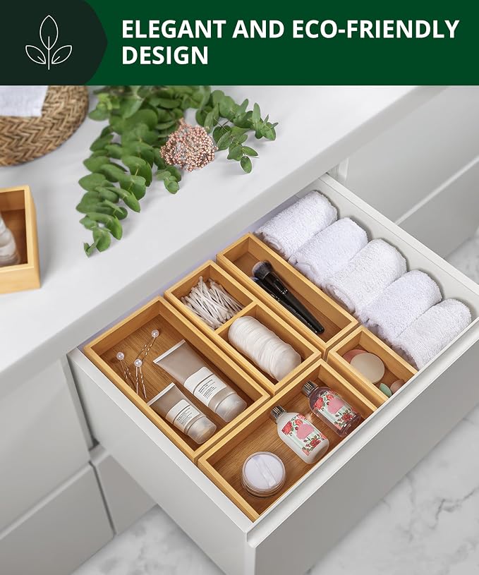 ROYAL CRAFT WOOD 5-Piece Bamboo Drawer Organizer Set – Multi-Use Storage Trays for Kitchen, Bathroom, Office, Makeup, Jewelry & More – Junk Drawer Tray, Utensil Holder, Storage Box & Bin Set (5 Boxes) - Image 7