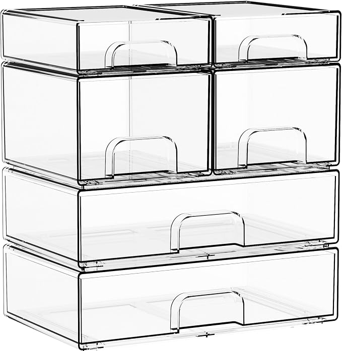 Clear Stackable Storage Drawers - Set of 6 - Acrylic Drawers,Bathroom Organizer Bin and Plastic Makeup Organizer,Clear Stacking Brightroom Storage Boxes for Vanity,Cabinet,Pantry Organization - Image 9