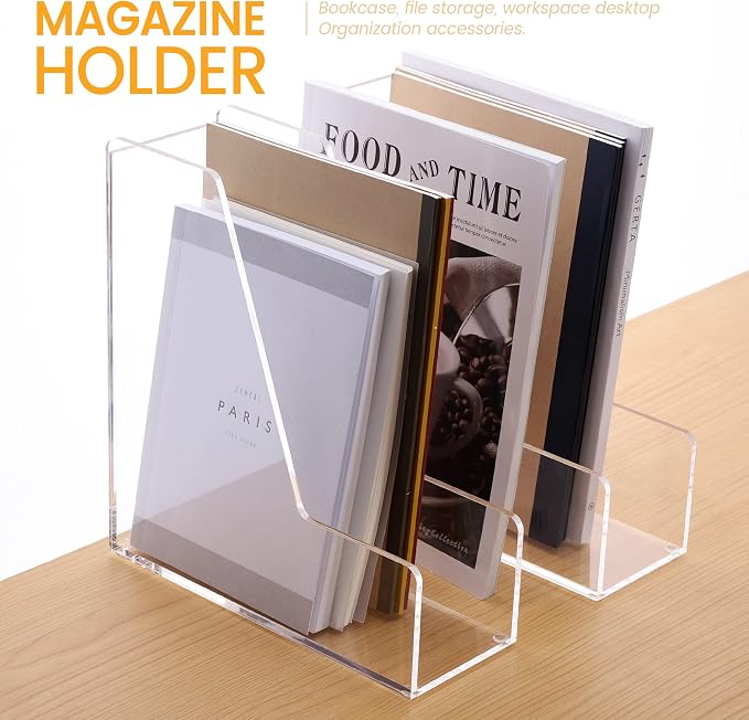 HeZone Magazine Holder, Clear Acrylic Desk Organizers, File Organizer for Desk, Magazine Rack- Desktop Book Storage -Independent Vertical 1 Space-2 Pack - Image 2