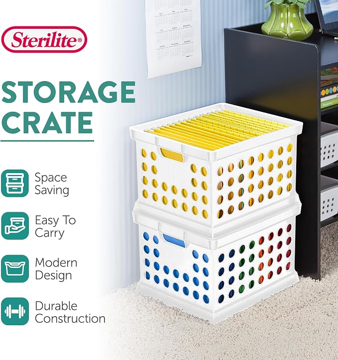 Sterilite Storage Crate Bin File Organizer for Home & Office, White, 6-Pack | Heavy-Duty and Stackable Plastic Boxes and Containers for Desk, Cabinet, Dorm, Garage, or Utility Organization - Image 3