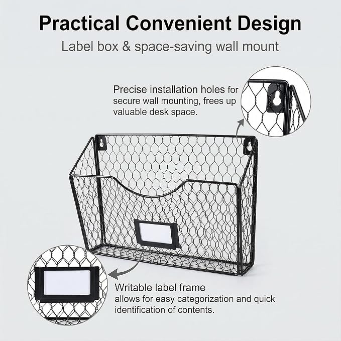 3 Pockets Hanging File Holder Wall Mount Mail Organizer Metal Chicken Wire Magazine Rack with Tag Slot, Black - Image 4