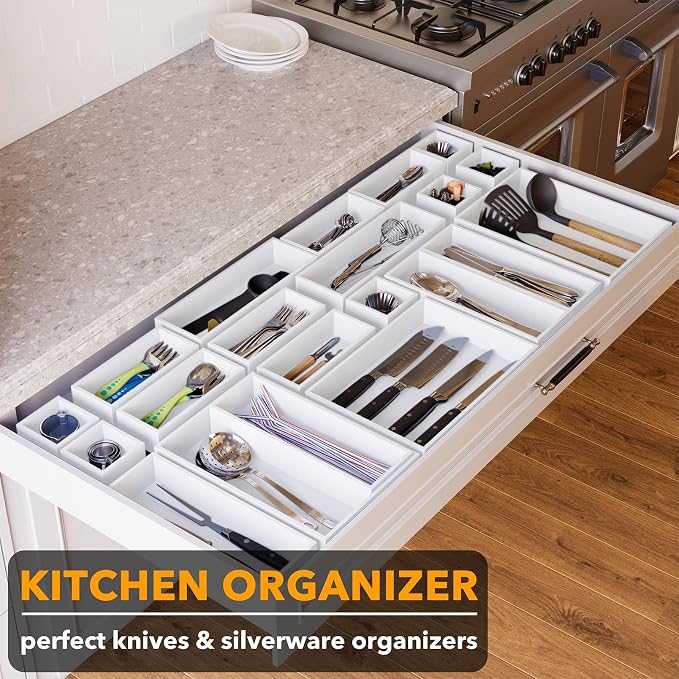 SpaceAid 21-Piece Bamboo Drawer Organizer Storage Boxes Set, Wood Tray Junk Drawer Organizers Multi-Use Divider Bins for Kitchen, Bathroom, Office Desk and Makeup Organization (21 Pack, White) - Image 4