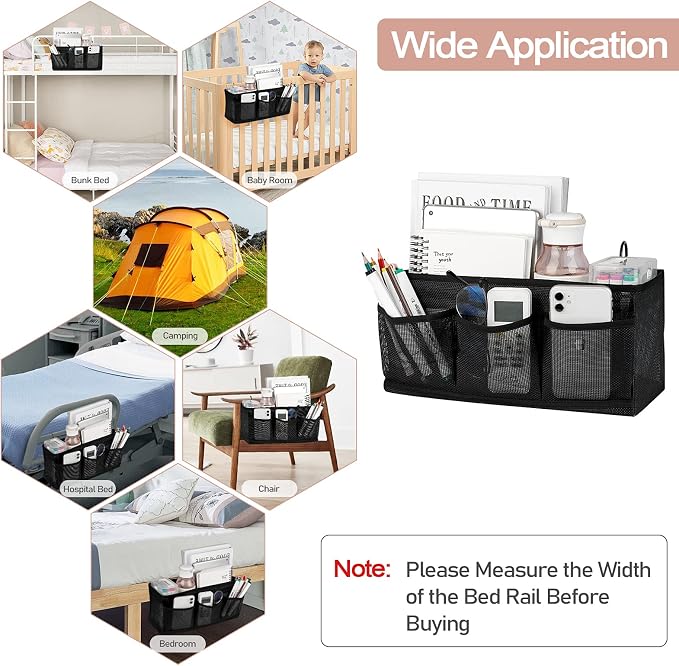 Bedside Caddy Bedside Hanging Organizer Bag with 3 Pockets for Dorm Hospital College Bunk Bed to Storage Books Phones Remote Control (Black) - Image 6