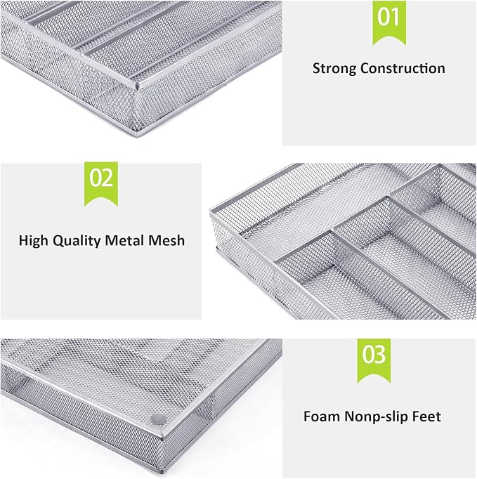 Neudeco Silverware Drawer Organizer, Silver, 5 Compartment | Mesh Wire, Non-Slip Feet, Cutlery Tray, Flatware Storage Divider - Image 4