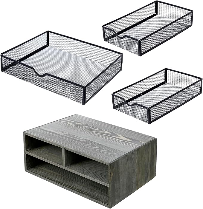 MyGift Vintage Weathered Gray Solid Wood Desktop Organizer Box with 3 Removable Black Metal Mesh Trays, Office Desk Supplies Storage Drawers for Accessories - Image 6