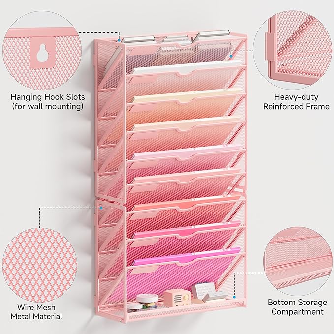 Lavatino 10-Tier Hanging Wall File Folders Organizer - Pink Metal Mesh Paper Magazine Document Mail Holder File Organizer for Office School Home Wall Mount or Desk Supplies Organization - Image 3