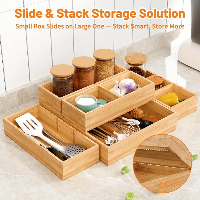 Bamboo Drawer Organizer, 5-Piece Stackable Trays with Removable Dividers | Junk drawer organizer, assorted tray sizes, 5-11 customizable compartments, nestable, kitchen utensils, bathroom, office - Image 4