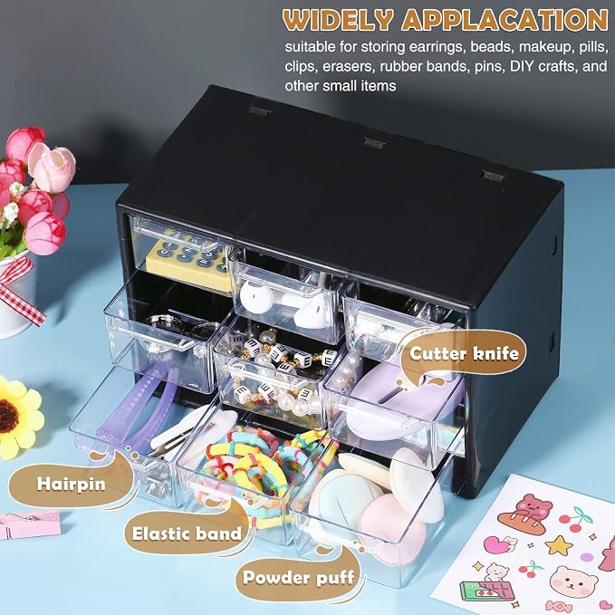 Rtteri 9 Pieces Mini Drawer Organizer Plastic Desktop Storage Box Desk Craft Organizer with 9 Clear Drawers for Office Home Jewelry Small Parts Belongings Cosmetics Collection, Wall Mounted (Black) - Image 5