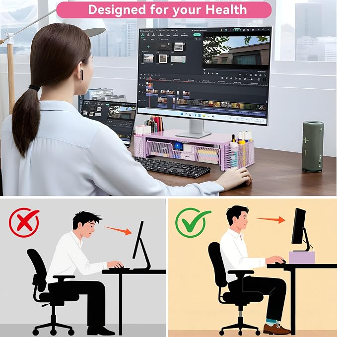 Qupui Computer Monitor Stand Riser with Drawer and Pen Holders, Desk Organizer Shelf and Accessories, Office Desk Accessories, Office Organization, Purple - Image 4