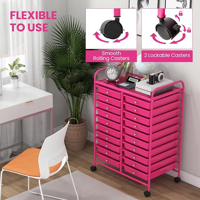 Giantex 20 Drawers Rolling Cart, Mobile Storage Drawer Cart, Classroom Organizer for Office School Supplies Teacher Tools Scrapbook Paper Craft Small Printer, Utility Stand on Wheels, Hot Pink - Image 8