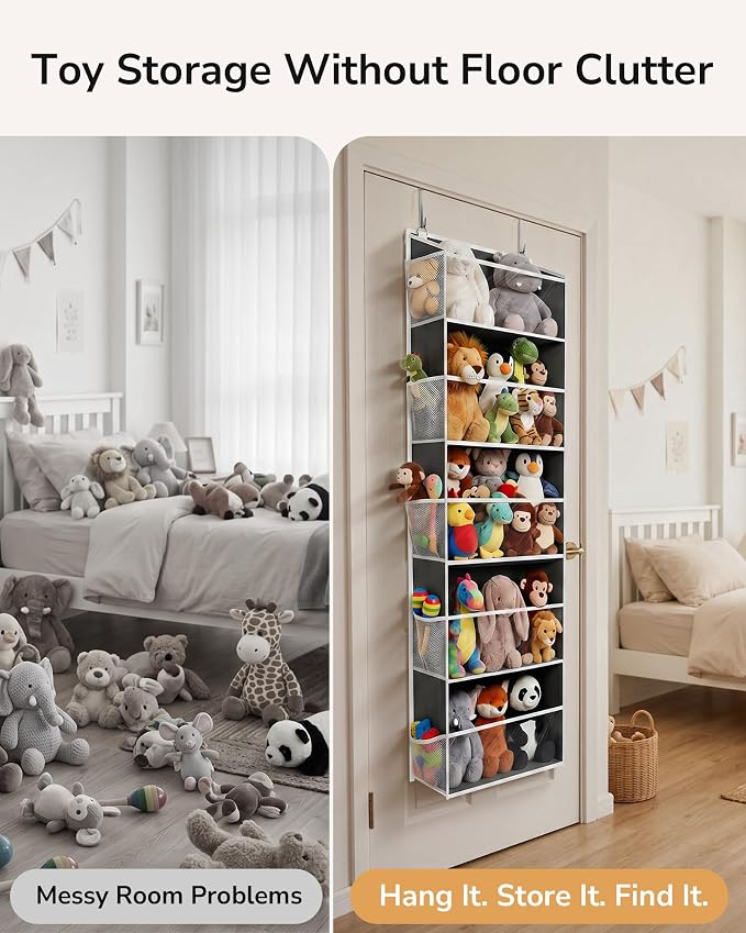 ULG Stuffed Animal Organizer Over the Door, Large Hanging Plush Toy Storage with Mesh Window, Cotton Kids Toy Organizer for Bedroom, Nursery, Playroom & Baby Items Dark Grey - Image 2