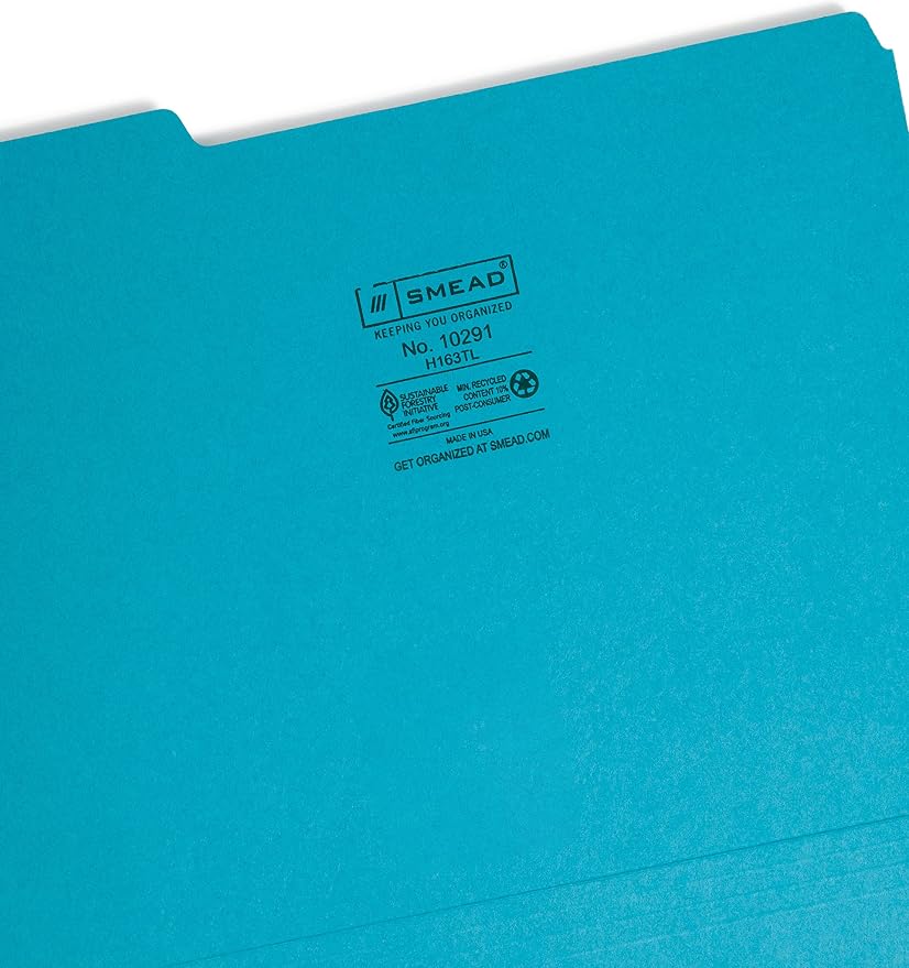 Smead Interior File Folder, 1/3-Cut Tab, Letter Size, Teal, 100 per Box, Expandable File Folders for Filing Cabinet - Image 5