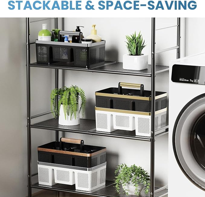 BYUNER Plastic Shower Caddy Dorm: Portable Cleaning & Shower Caddy with Handle, 4 Divided Compartments, All-Side Drainage, Rigid Plastic Basket Tote for College Dorm & Bathroom Use, Black/Silver - Image 5