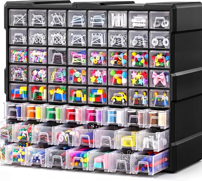 64-Drawer Organizer for Garage Building Bricks Storage, Drawer Storage Cabinet with Dividers and Labels for Hardware,Screws,Nuts Bolts, Garage Tools,Charms,Beads,Craft,Scrapbook by SSRTK