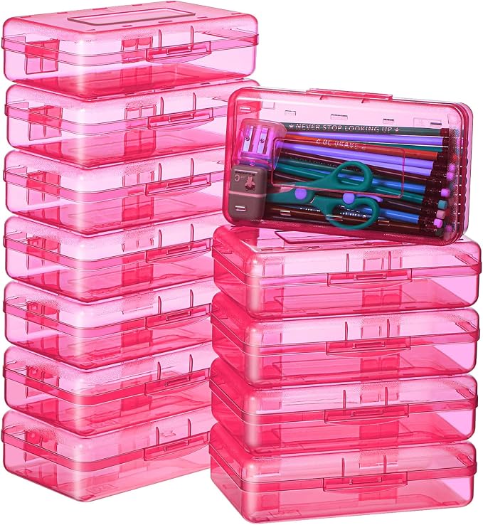 Leelosp 12 Pack Clear Pencil Boxes for School Bulk, Large Plastic Pencil Case with Lid, Stackable Hard Crayon Storage Box for Classroom Kids, Desk Drawer Organizer for Office Home(Pink) by Leelosp