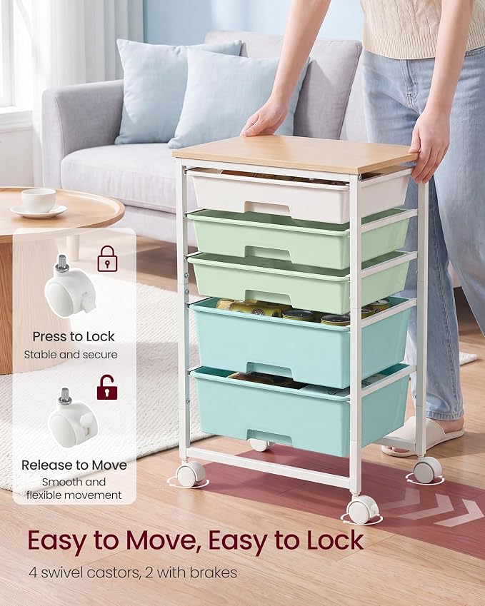VASAGLE 5-Drawer Rolling Storage Cart, Mobile Organizer Trolley with Wood Top and Metal Frame, for Craft Room, Office, 15.6 x 11.2 x 24.8 inch, Green and White, Benco Collection ULRC005C101 - Image 5