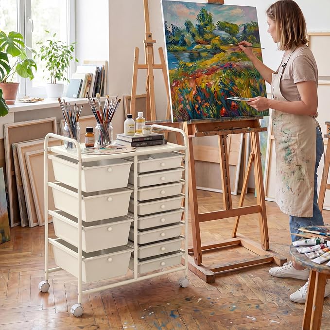COSTWAY 12 Drawer Rolling Storage Cart, Utility Cart with Metal Frame | Mobile Art Supply Craft Organizer, Multipurpose Storage Organizer for Paper, Office, School Teacher, Classroom, White - Image 2