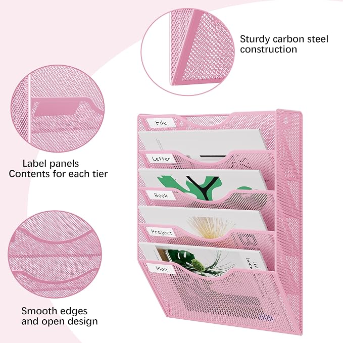 EasyPAG Wall File Organizer 5 Tier Hanging Paper Folder Holder, Zero Assembly Metal Mesh Wall Mounted Mail Organizer for Office Home Classroom Narrow Spaces, Pink - Image 3