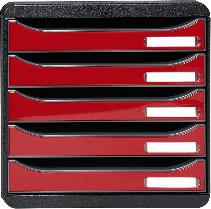 Exacompta - Ref 3097218D - BIG-BOX PLUS Desktop Drawer Set - 5 x 43mm Drawers, Suitable for A4+ Documents, 347 x 278 x 271mm, 100% Recycled Plastic - Black/Glossy Dark Red by +Office+Supplies