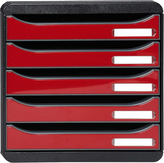 Exacompta - Ref 3097218D - BIG-BOX PLUS Desktop Drawer Set - 5 x 43mm Drawers, Suitable for A4+ Documents, 347 x 278 x 271mm, 100% Recycled Plastic - Black/Glossy Dark Red by +Office+Supplies