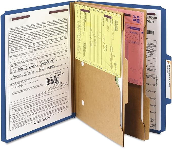 Smead Pressboard Classification Folder with Pocket-Style Divider and SafeSHIELD Fasteners, 2 Dividers, 2" Expansion, Letter Size, Dark Blue, 10 per Box (14077) - Image 6
