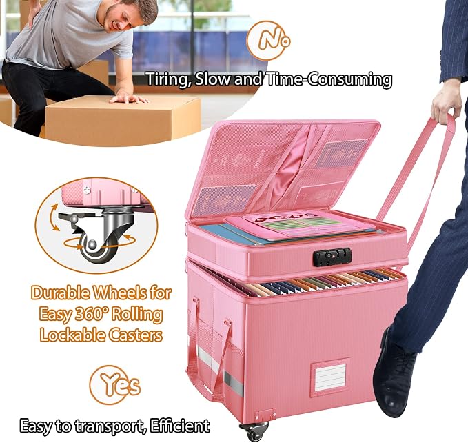 DocSafe File Box with Lock,2-Layer Fireproof Document Box with Wheels,Collapsible Rolling File Storage Organizer with Pockets,Large Portable Home Office Filing Cabinet Safe for Hanging Folders,Pink - Image 7