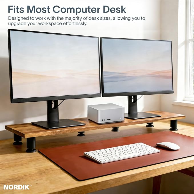 Nordik Dual Monitor Stand Riser -Hardwood Acacia Monitor Shelf (42x10.5 in) | Premium Handmade Acacia Wood Monitor Stand - Easy to Assemble Monitor Riser - Double Monitor Riser with Storage Organizer - Image 3