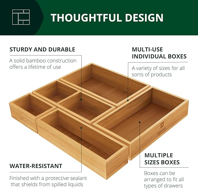 ROYAL CRAFT WOOD Premium Carbonized Bamboo Decorative Boxes - Drawer Organizer Set (5-Piece) – Wood Storage Boxes for Kitchen, Bathroom, Office & Makeup - Image 3