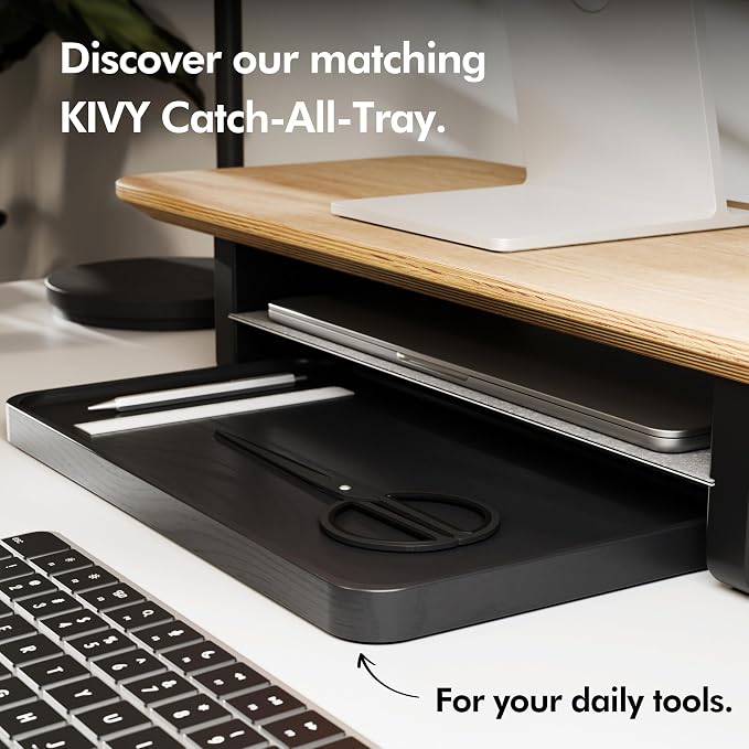 KIVY Dual Monitor Riser with Integrated Metal Shelf - Wooden desk shelf for top of desk - Wood monitor stand for desk 2 monitors / tv - Dual monitor stand riser for desk - Large walnut monitor stand - Image 7