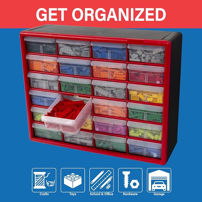 Akro-Mils 24-Drawer Plastic Storage Cabinet, 20"W x 6"D x 16"H, Red | Plastic Cabinet w/ Drawers for Garage Organization, Beads, Building Bricks Storage, Teacher Toolbox, Makeup Organizer, 10124 - Image 4
