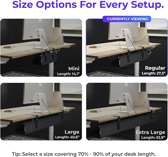 Original No Drill Under Desk Cable Management Tray 27.3" - Premium Black Fabric Cable Management Under Desk - Clamp/Screw Mount Cord Organizer - Supports Upto 66lbs - Image 4