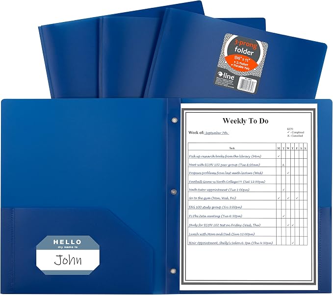 C-Line Two-Pocket Heavyweight Poly Portfolio with Prongs, For Letter Size Papers, Includes Business Card Slot, 1 Case of 25 Portfolios, Blue (33965-25) by C-Line