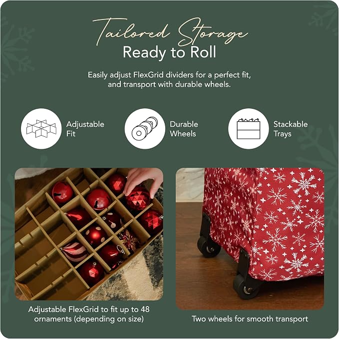 Covermates Keepsakes Rolling Adjustable Ornament Storage Bag – Heavy-Duty Polyester, FlexGrid Trays & Padded Dividers – Protective Holiday Organizer with Wheels, Handles & ID Window, Red Snowflake - Image 5