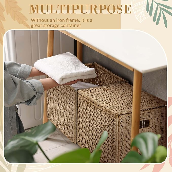 Jingmore 2 Pack Paper Rope File Box Organizers Collapsible Letter Size Filing Cabinet with Lid Woven Hanging File Basket Portable Decorative Document Storage Box for Office/Decor/Home (Letter Size) - Image 4