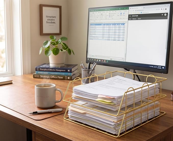 Gold Stackable W 9.75" X L 12" Desk Organizer Tray Set (2-Tier) - Image 5