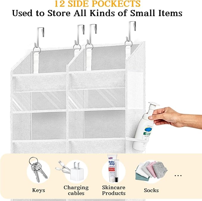Over The Door Organizer 6 Tiers, Extra Large Behind Door Storage of 12 Compartments, 80 lbs Weight Capacity Hanging Storage Organizer with Clear Window Kids Toys, Shoes,Diapers, Room Storage, White - Image 5