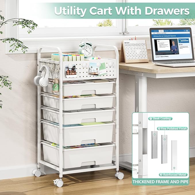 5 Drawer Rolling Storage Cart with Pegboard Top and Hooks, White | Mobile Utility Organizer with Wheels for Office Supplies, Craft Storage, Classroom Organization, Home Storage Cart - Image 6