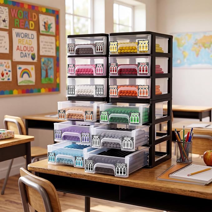 12 Pcs/ 4 Pack Plastic Crayon Organizer for Classroom Back to School Crayon Storage Boxes for Marker Pen Art Craft Supplies Crayons Drawer Container for Classroom Office Table with Color Label - Image 3