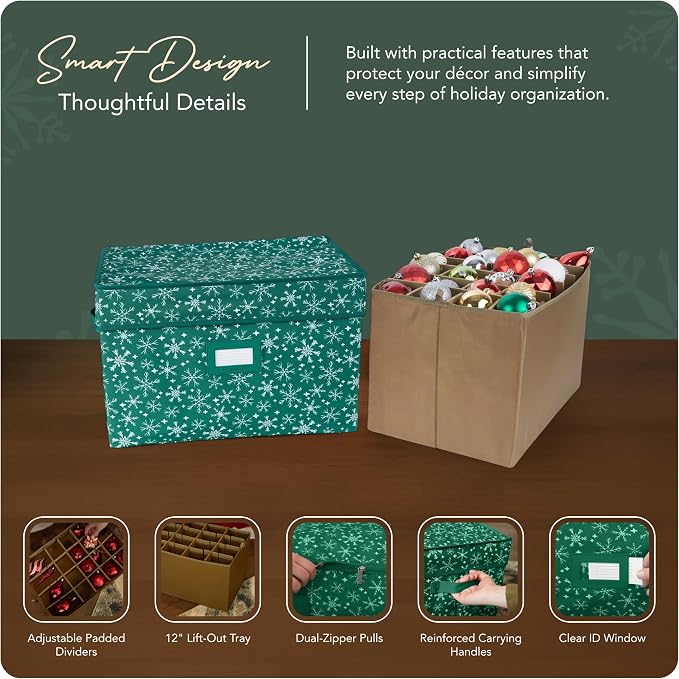 Covermates Keepsakes Adjustable Ornament Storage Box – Heavy-Duty Polyester, Padded Dividers & FlexGrid Trays – Protective Holiday Organizer with Stackable Walls & Label Window, Green Snowflake - Image 4